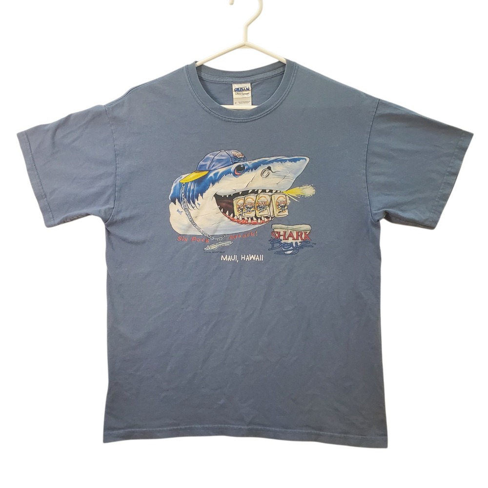 Shark Boyz Maui Hawaii Graphic T-Shirt Mens Medium Blue Y2K Vintage Beer Tee
